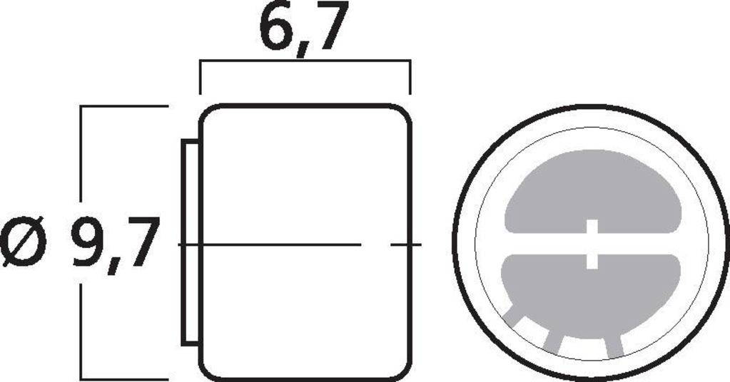 'Abmessungen einer zylindrischen Komponente: Durchmesser 9,7 mm, Höhe 6,7 mm.'