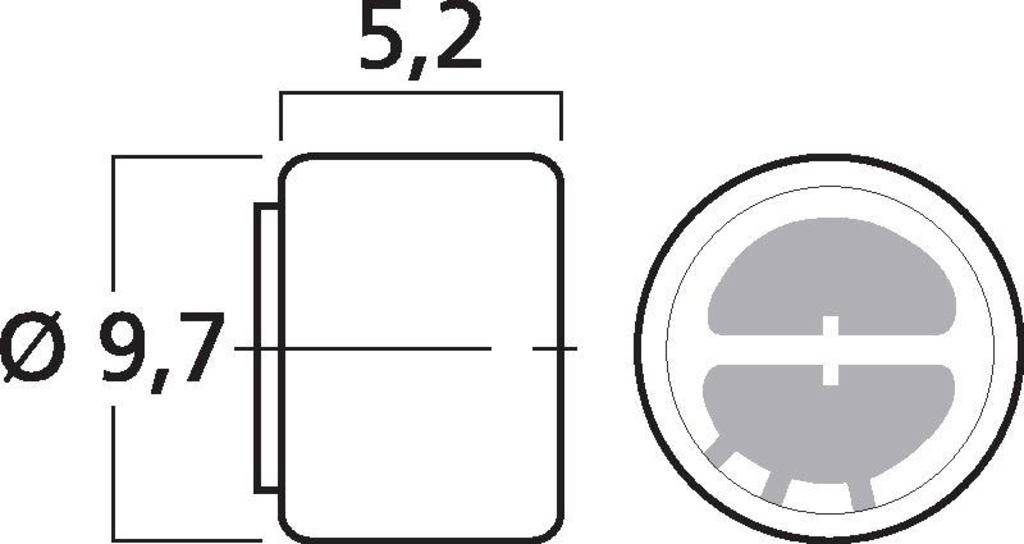 Technische Zeichnung eines zylindrischen Objekts: Durchmesser 9,7 mm, Höhe 5,2 mm, beschreibt Maße und Form des Gegenstands.