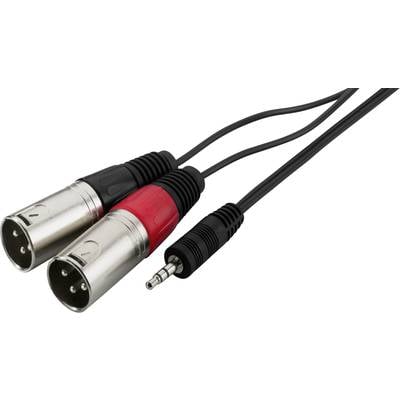 Zwei XLR-Stecker in Silber mit schwarzem und rotem Ring, verbunden mit einem schwarzen 3,5-mm-Klinkenstecker.