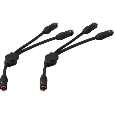 Zwei schwarze RCA-Y-Adapterkabel mit je zwei männlichen und weiblichen Steckern zur Verbindung von Audio- oder Videogeräten.