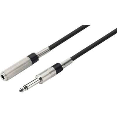 Ein schwarzes Audiokabel mit einem großen Klinkenstecker und einer Buchse. Beide Enden sind mit Metallgehäusen versehen.