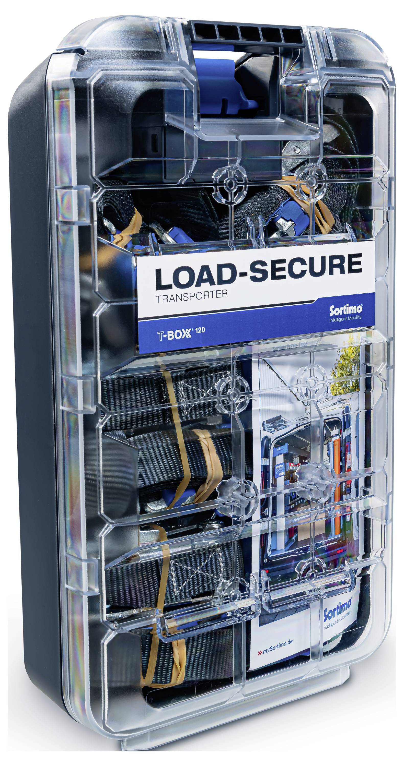 Transparente Box mit blauen und gelben Spanngurten, beschriftet mit 'LOAD-SECURE', dient zur Ladungssicherung.