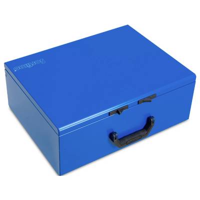 Ein blauer Metallsafe mit Tragegriff; Sicherheitsbox für Wertsachen oder Dokumente.