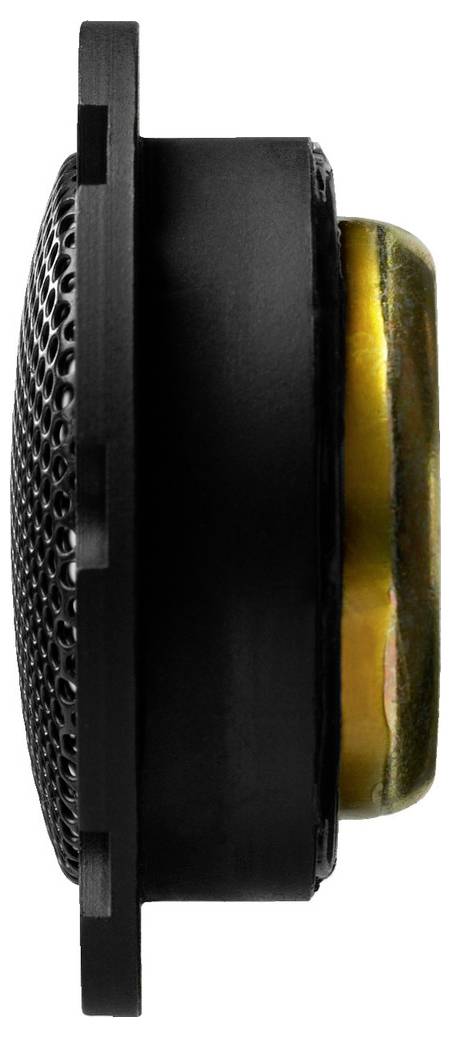 Seitliche Ansicht eines runden Lautsprechers mit schwarzem Gehäuse und Metallgitter. Das Gehäuse wirkt glatt und kompakt.