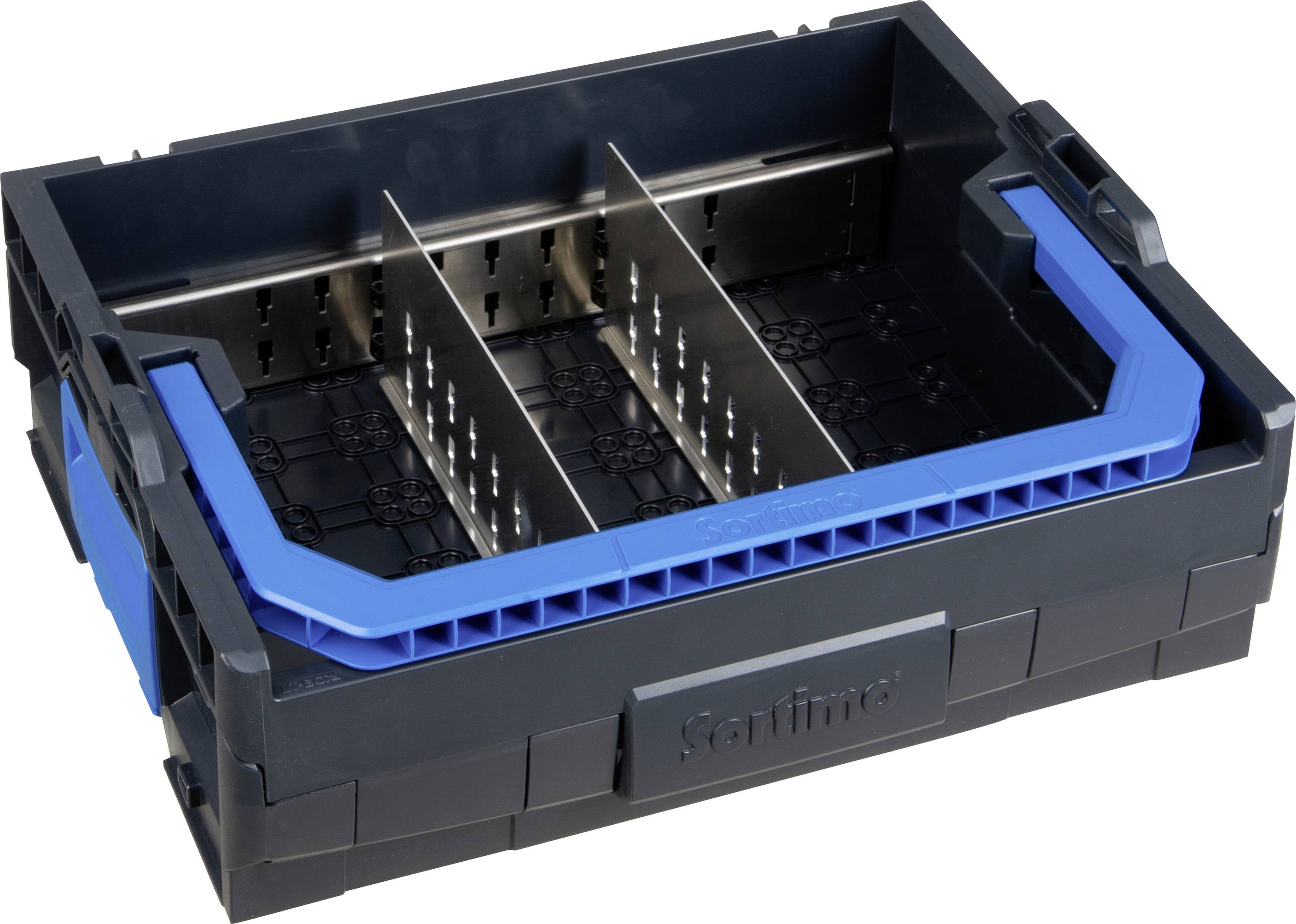 'Kunststoffbehälter mit Metalltrennern und blauem Griff, ideal zur Lagerung und Organisation kleinerer Teile.'