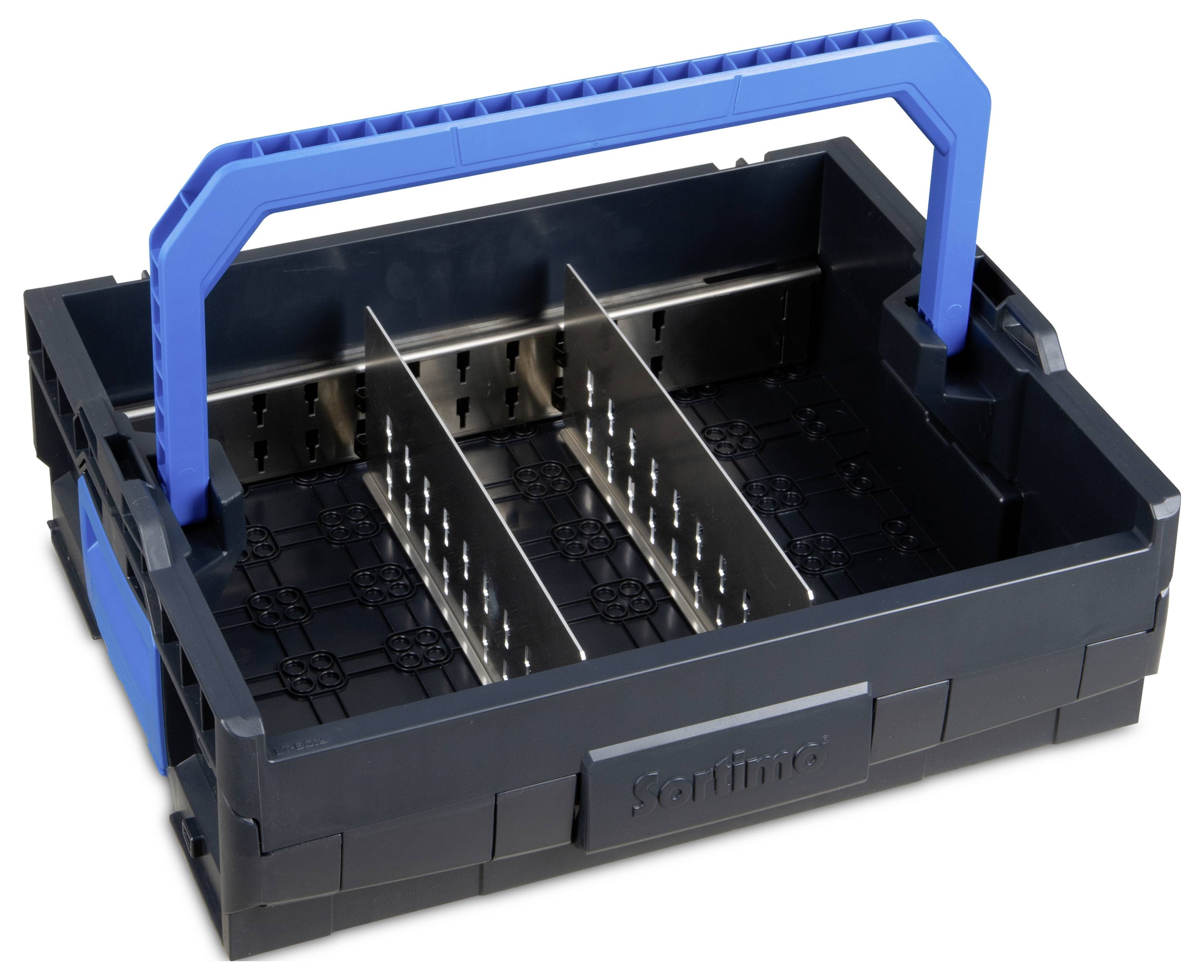 'Schwarze Werkzeugkiste mit blauem Griff und zwei Metalltrennwänden, die Fächer für die Organisation von Werkzeugen schaffen.'