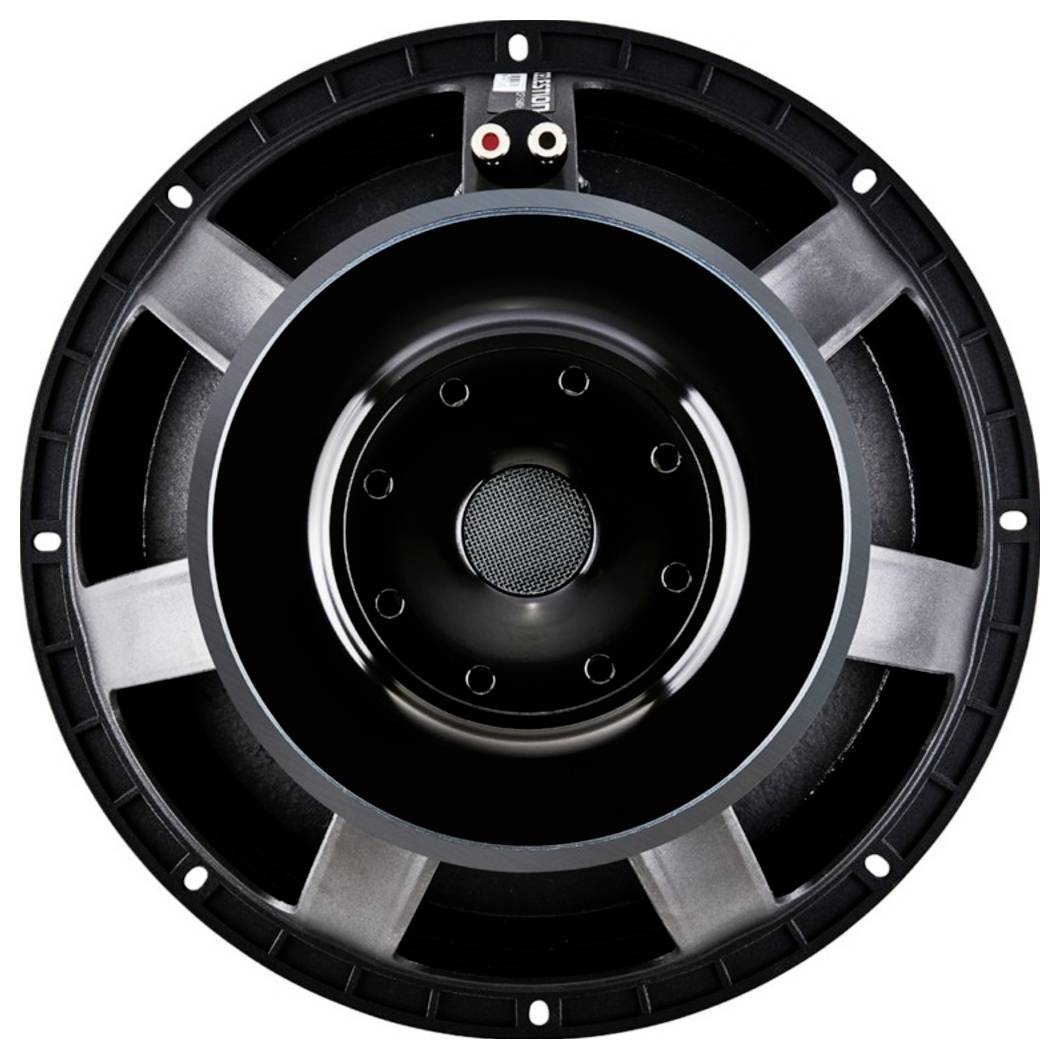 Ein großer Lautsprecher aus schwarzem Metall und Kunststoff, frontal abgebildet. Oben befinden sich zwei Anschlüsse für Kabel.