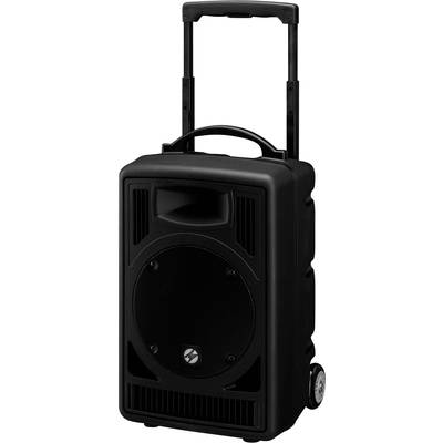 Ein tragbarer Lautsprecher mit Rollen und einem ausziehbaren Griff. Ideal für mobile Audioanwendungen.