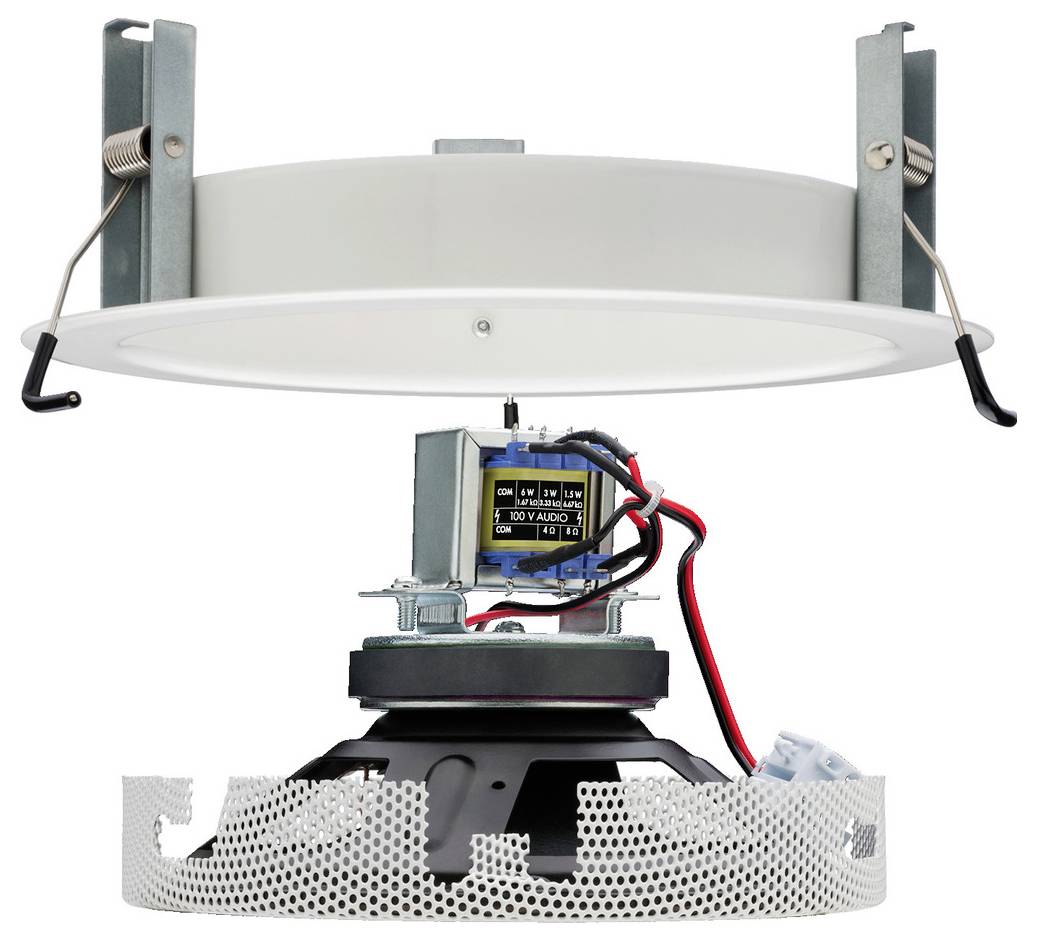 Ein eingebauter Lautsprecher mit entferntem Frontgitter zeigt seine inneren Komponenten und elektrischen Anschlüsse.