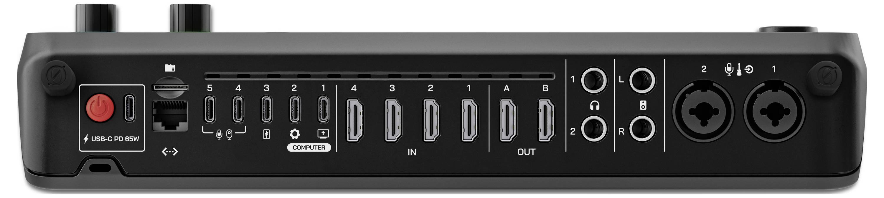 Rückansicht eines Audio-Interfaces mit mehreren Eingängen und Ausgängen, darunter XLR-Anschlüsse und digitale Schnittstellen.