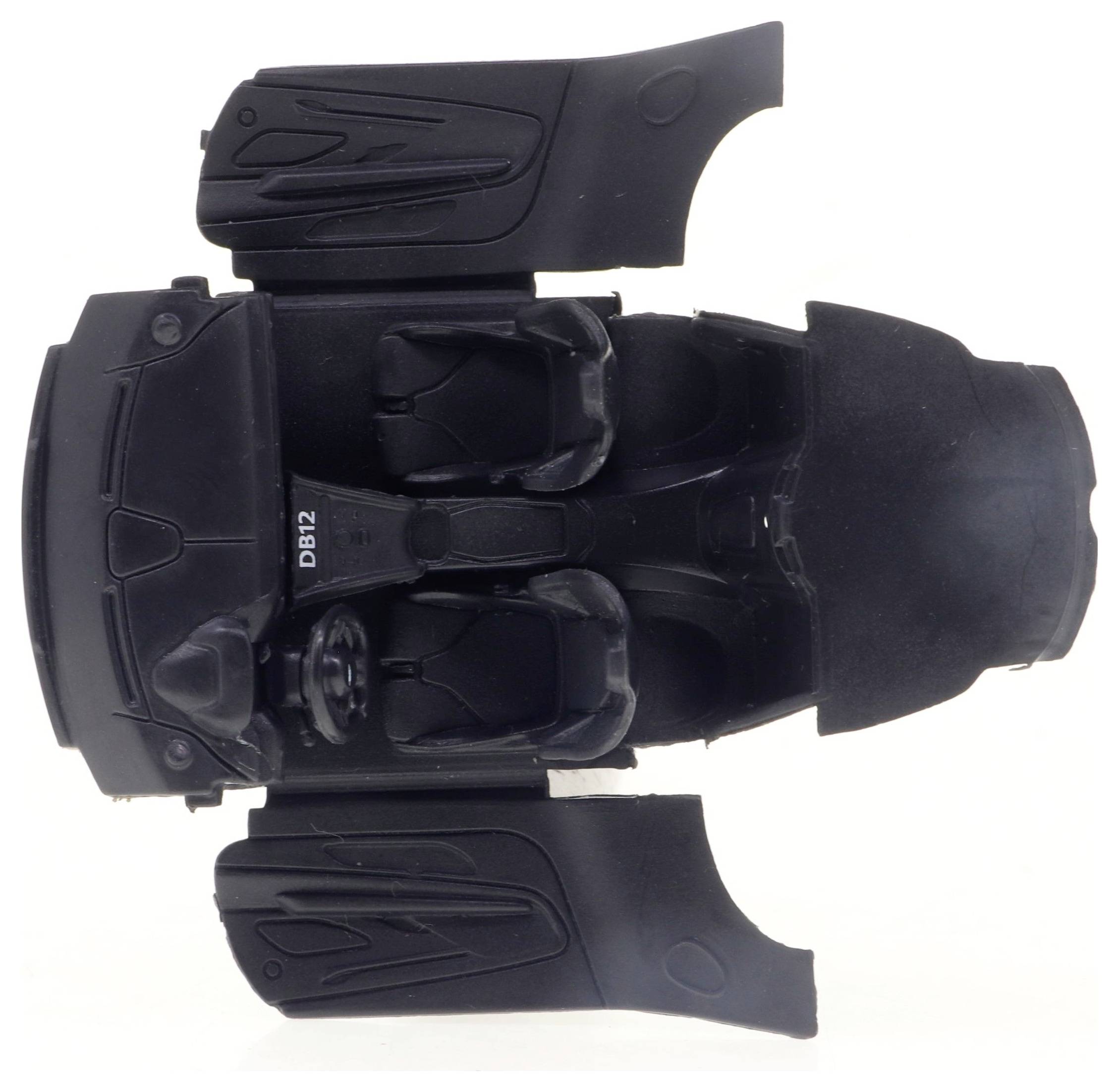 Ein schwarzes Modellauto mit offenen Türen von oben gesehen. Sichtbare Innenraumdetails, ausgerichtet auf Fahrzeugsammler oder Enthusiasten.