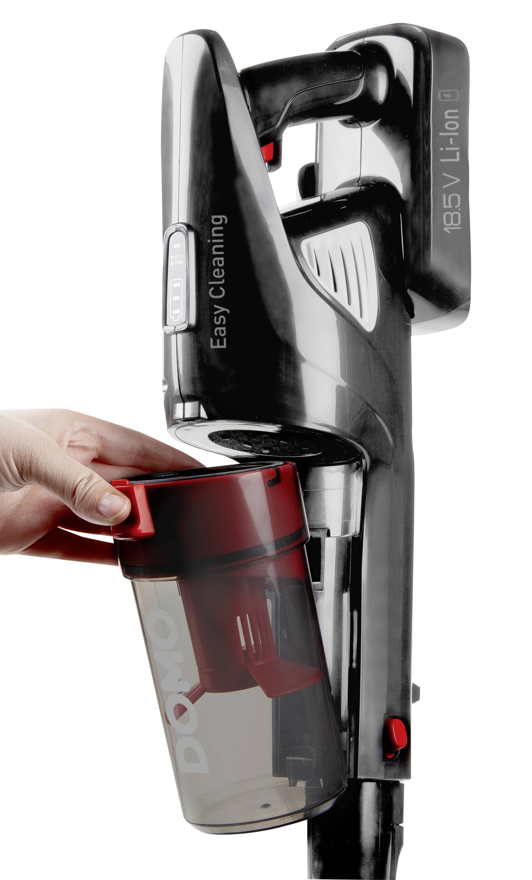 Eine Person entfernt den Staubbehälter eines schwarzen kabellosen Handstaubsaugers mit der Aufschrift 'Easy Cleaning' an der Seite.
