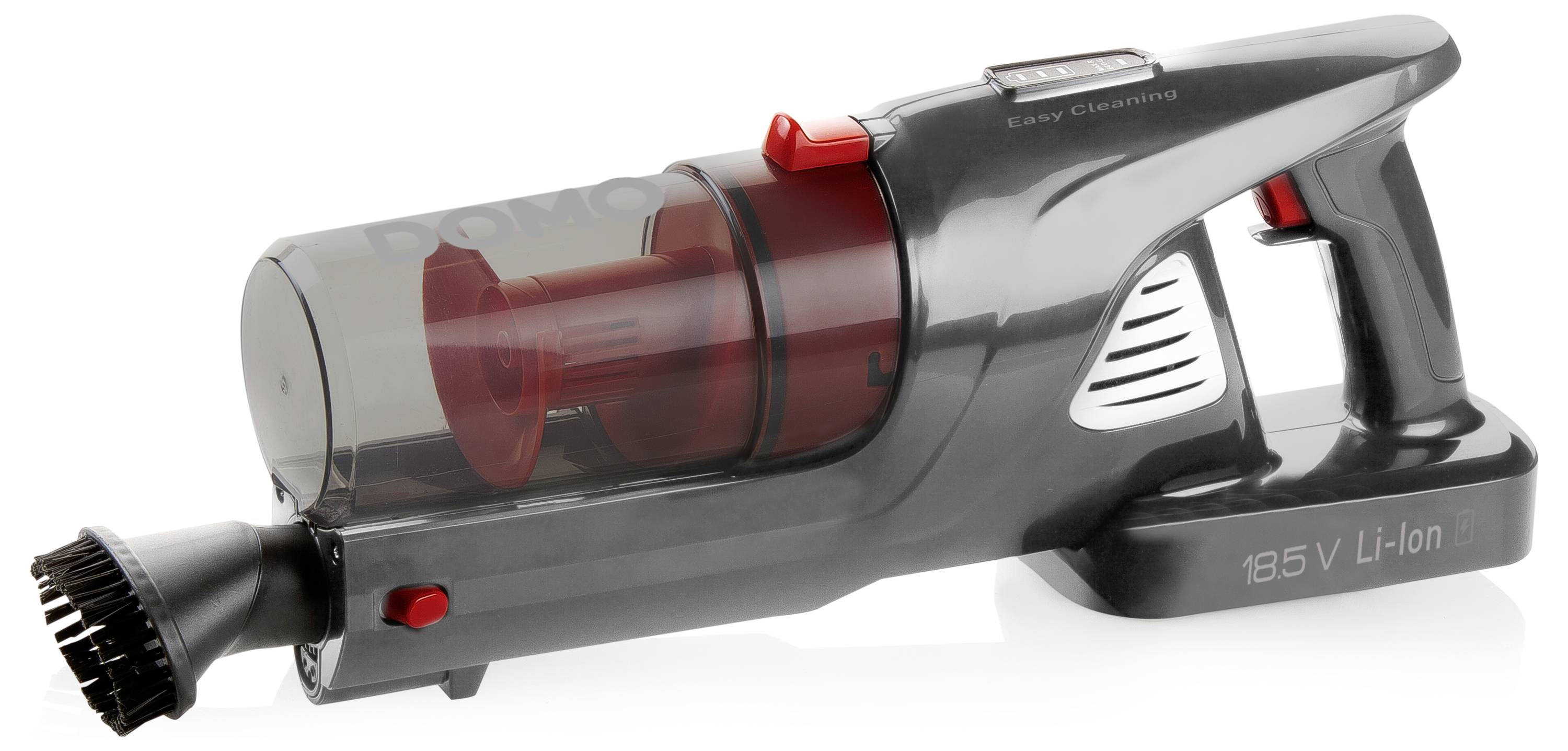 Handstaubsauger, kabellos, schwarz mit roten Akzenten, mit Bürstenaufsatz, geeignet für einfaches Reinigen kleiner Flächen.