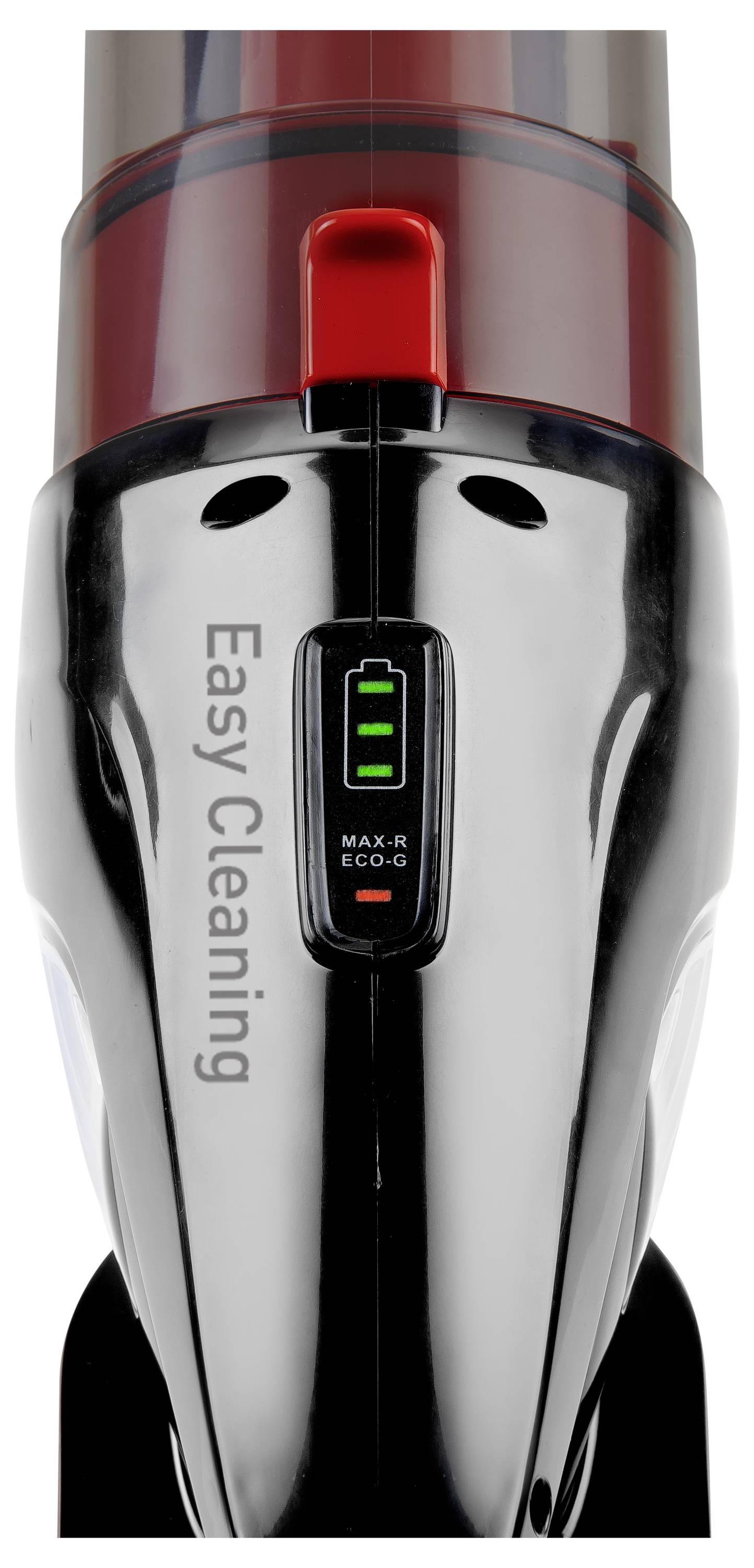 Ein kabelloser Handstaubsauger mit der Aufschrift 'Easy Cleaning' und Batteriestatusanzeige zeigt grüne Ladebalken an.