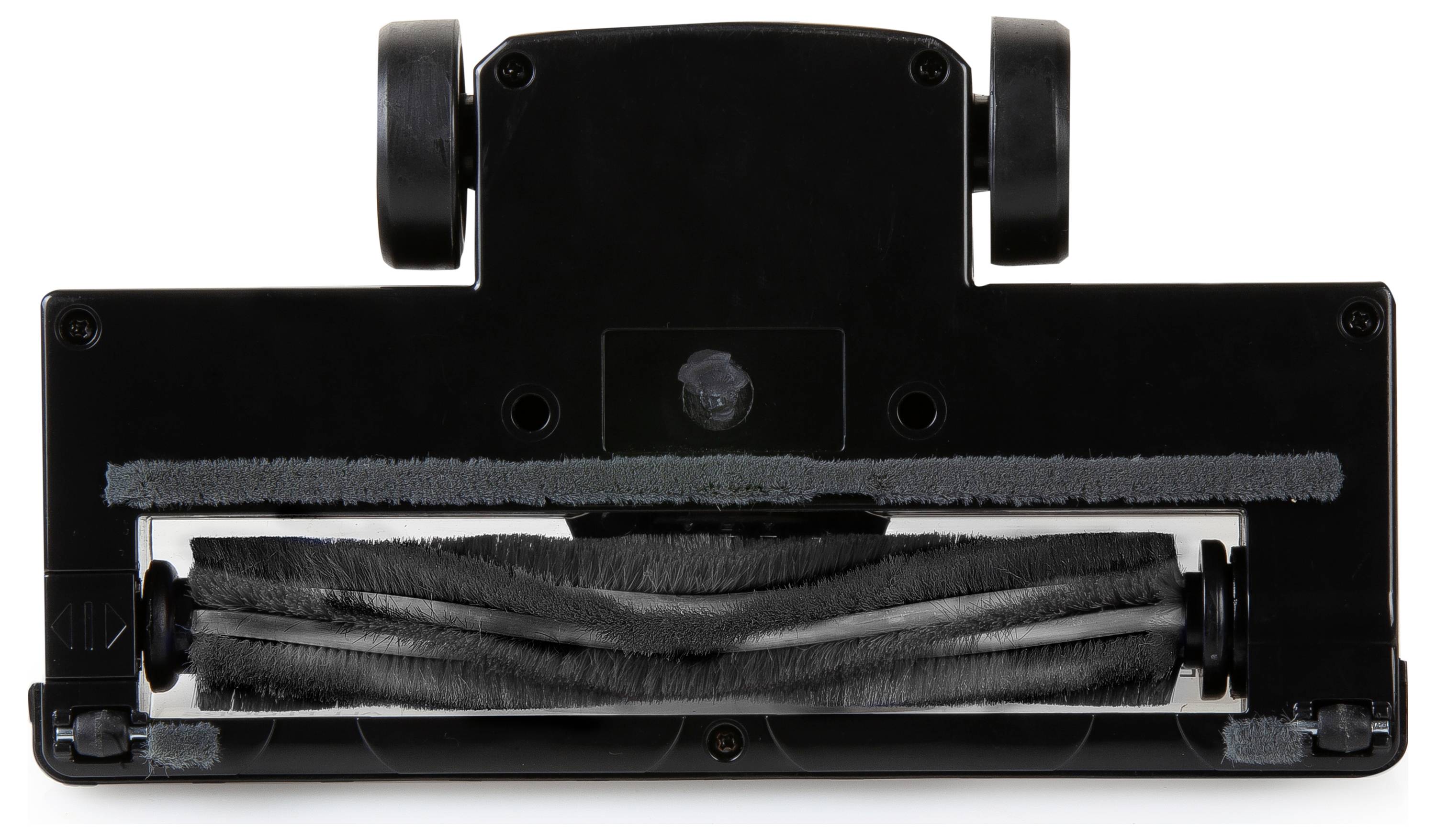 Staubsaugerbürste mit rotierenden Borstenrollen und Rädern, Ansicht von unten.