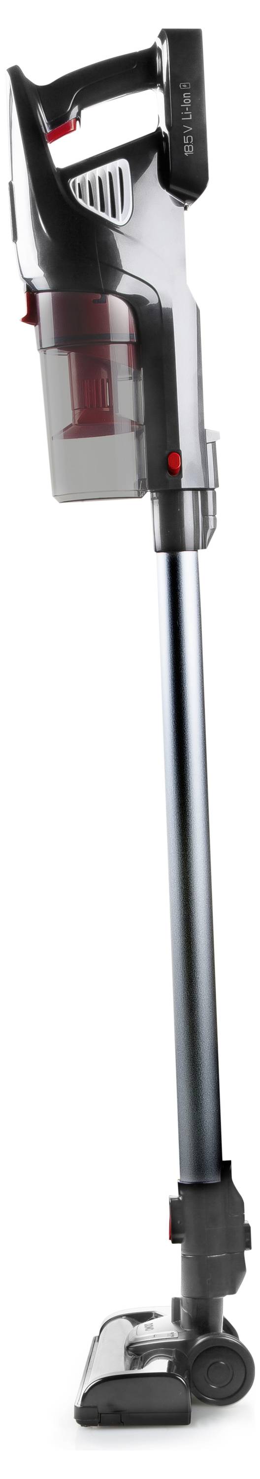 Kabelloser Stabstaubsauger in metallischem Grau mit abnehmbarem Handteil und transparentem Schmutzbehälter, aufrecht stehend.