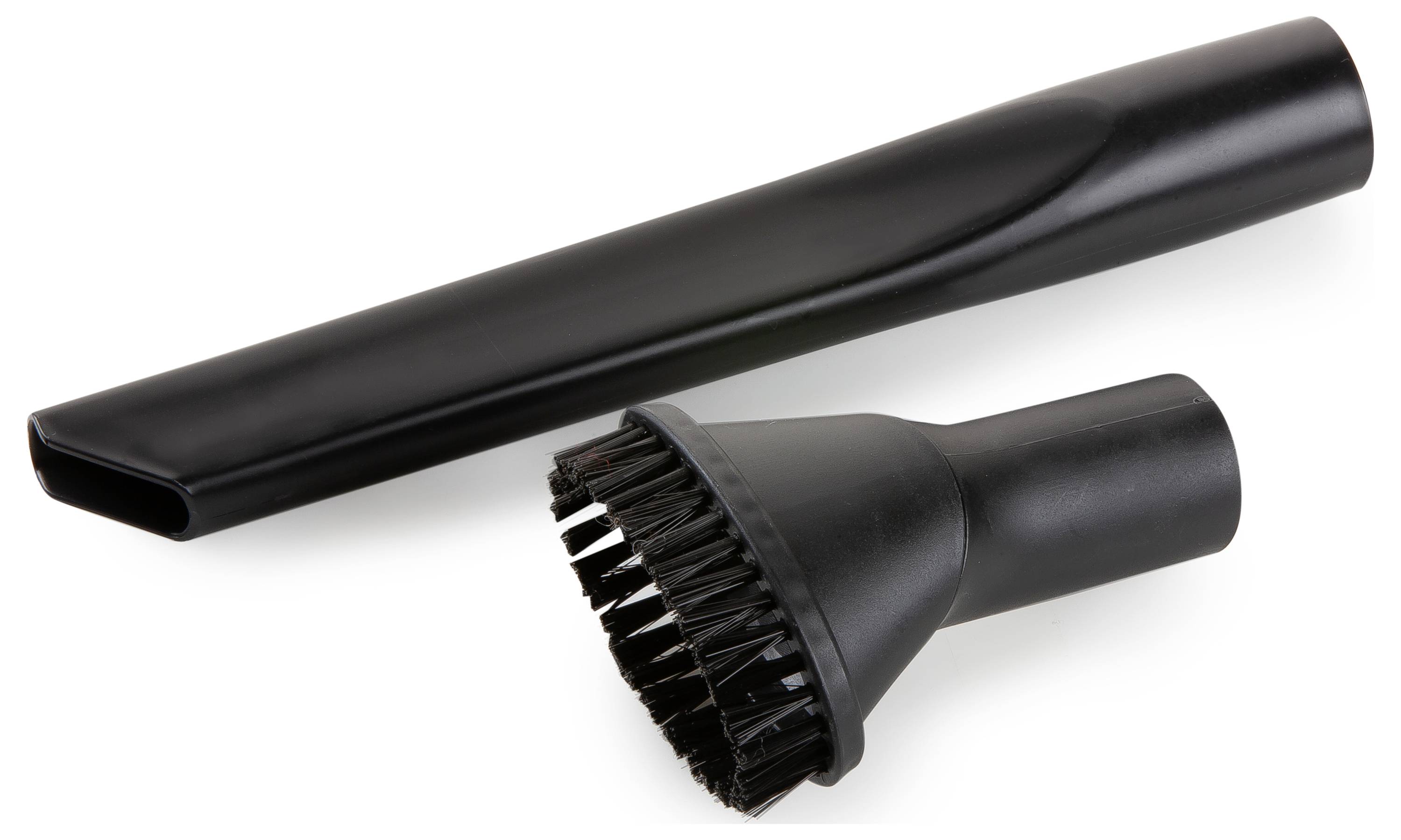 Zwei Staubsaugeraufsätze aus Kunststoff, ein schmaler Spaltaufsatz und ein runder Bürstenaufsatz, auf weißem Hintergrund.