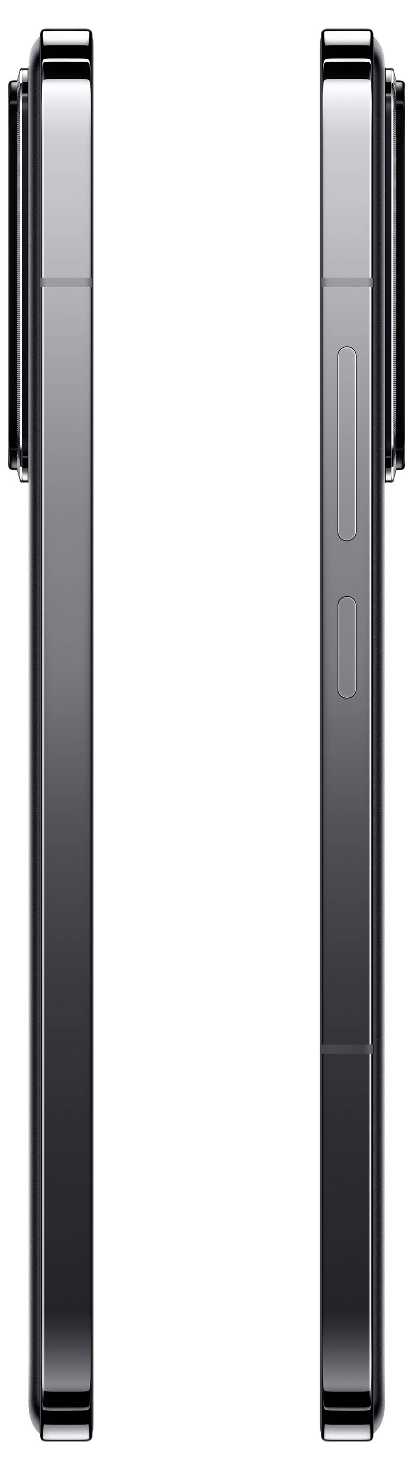 Seitenansicht eines flachen, modernen Smartphones in Schwarz, zeigt die dünne Kante und die Anordnung der Seitentasten.