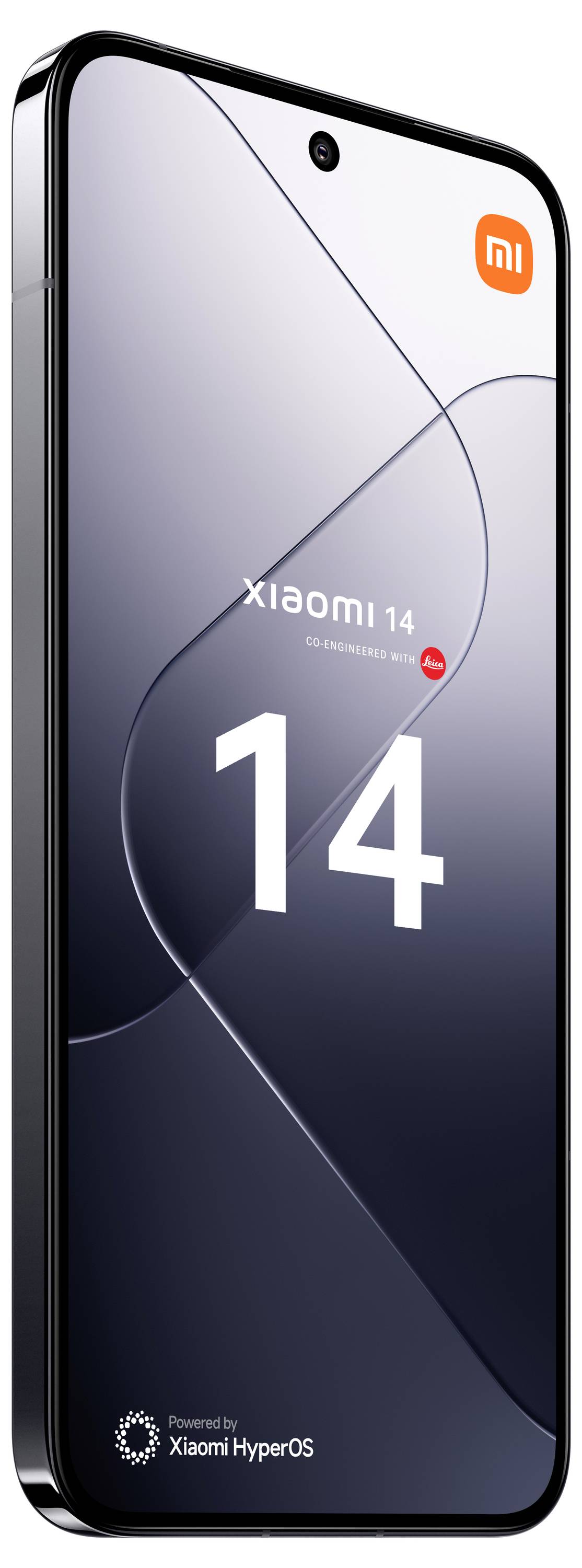 Smartphone in Schwarz mit Display-Ansicht, zeigt 'Xiaomi 14' und 'Powered by Xiaomi HyperOS'. Markenlogo oben rechts, stilvoll und modern.