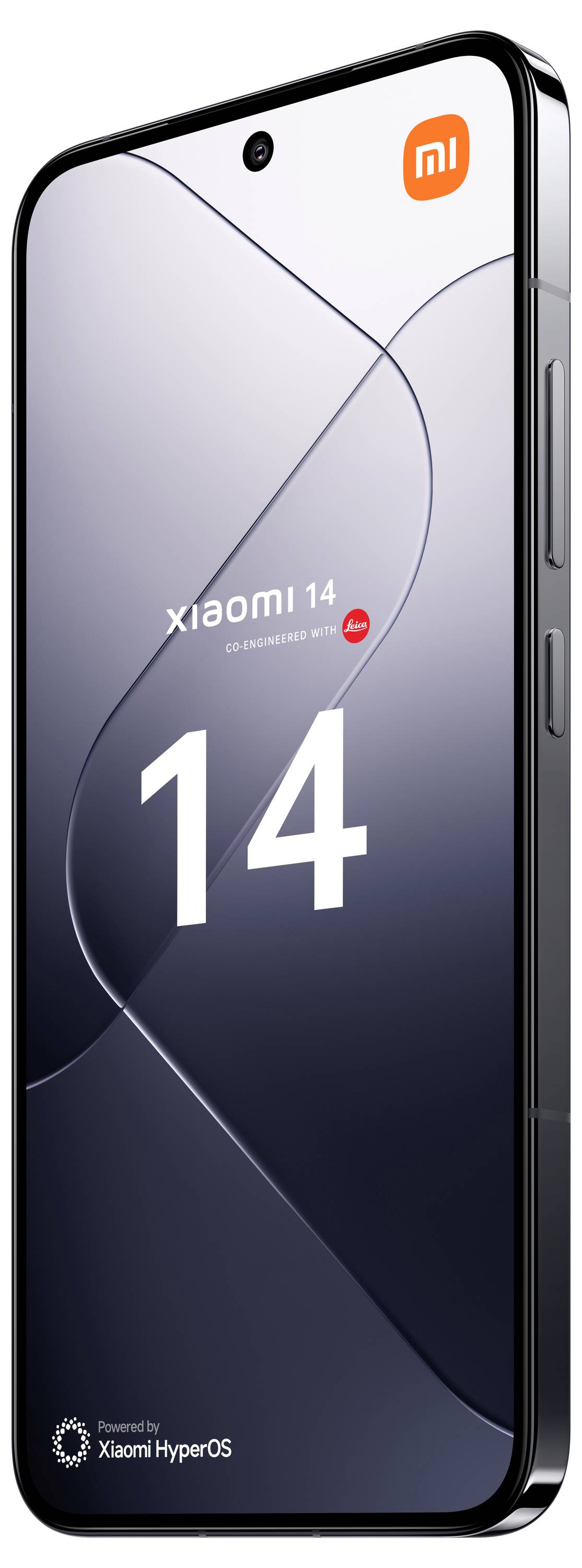 Smartphone von Xiaomi, Modell '14', mit großem Bildschirm, kantigen Kanten und sichtbarem 'Xiaomi HyperOS' Logo oben links.