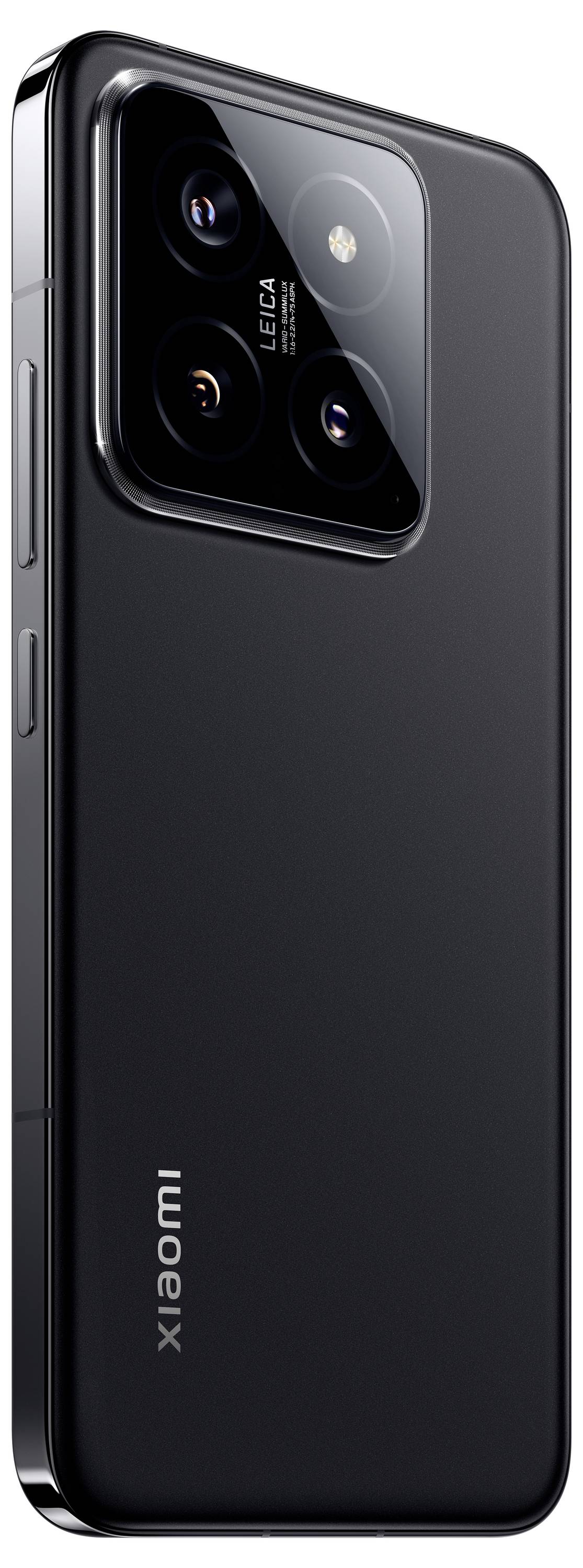 Ein schwarzes Smartphone mit drei Kameralinsen und einem Leica-Logo auf der Rückseite. Marke 'Xiaomi' steht vertikal unten links.