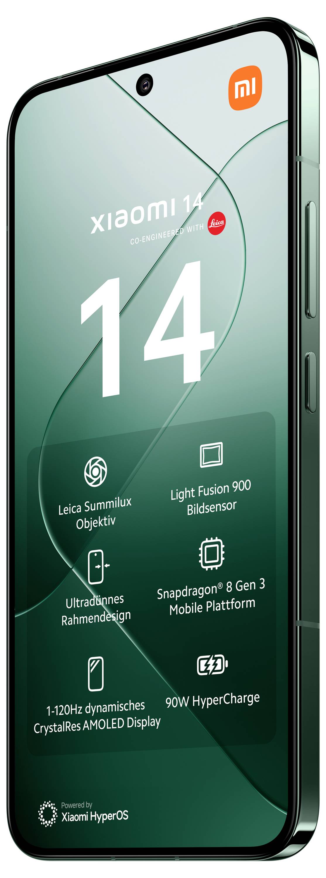 Smartphone mit grünem Bildschirm zeigt 'Xiaomi 14'. Features: Leica Summilux Kamera, Light Fusion 900, Snapdragon 8 Gen 3, 90W HyperCharge.