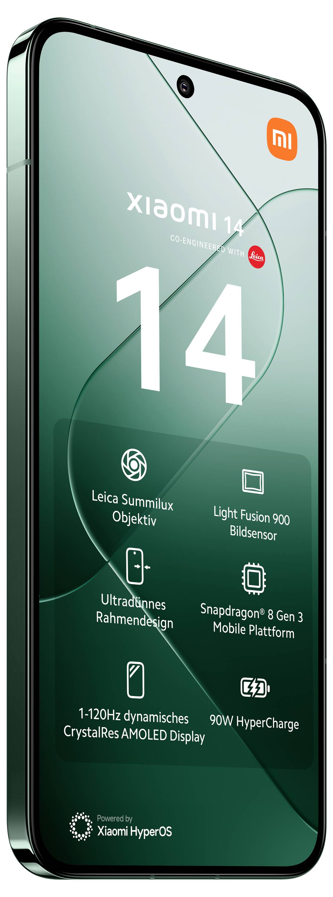 Smartphone von Xiaomi, Modell 14, gezeigt im Hochformat. Merkmale: Leica Summilux Objektiv, Light Fusion Display, und 90W HyperCharge.