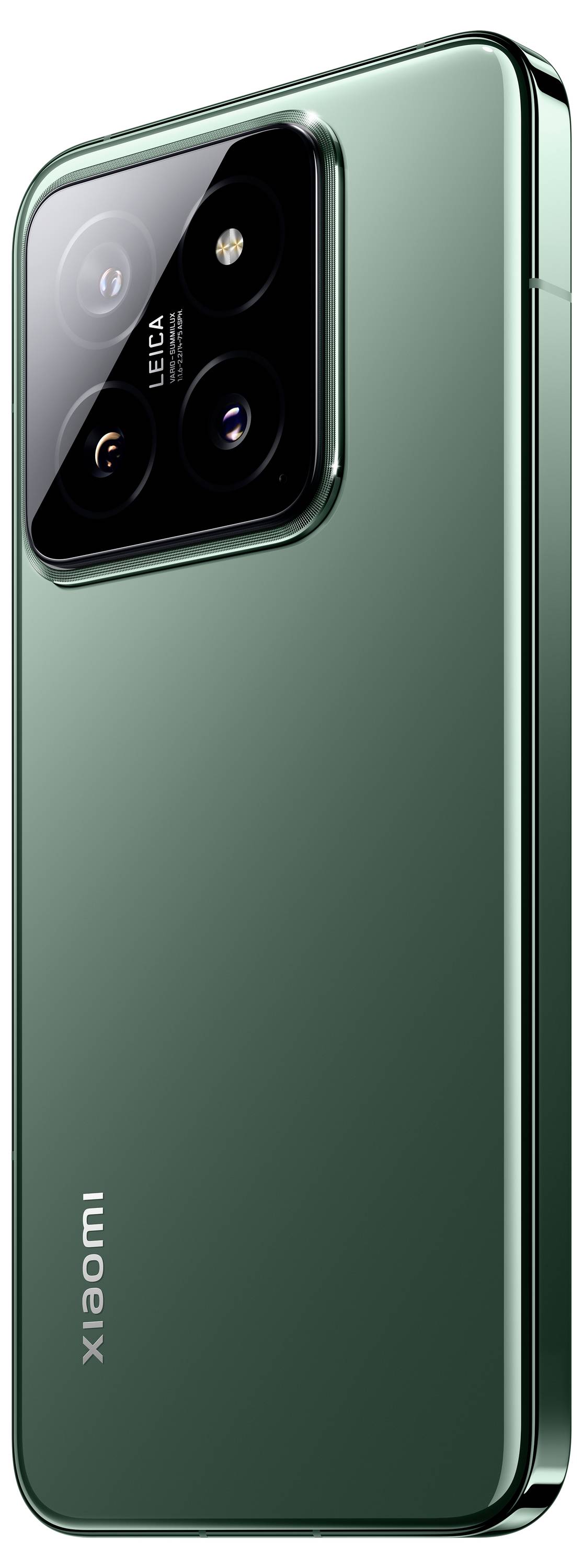 Ein grünes Smartphone mit drei Kameralinsen und einem Leica-Logo auf der Rückseite. Das Xiaomi-Logo ist am unteren Ende sichtbar.