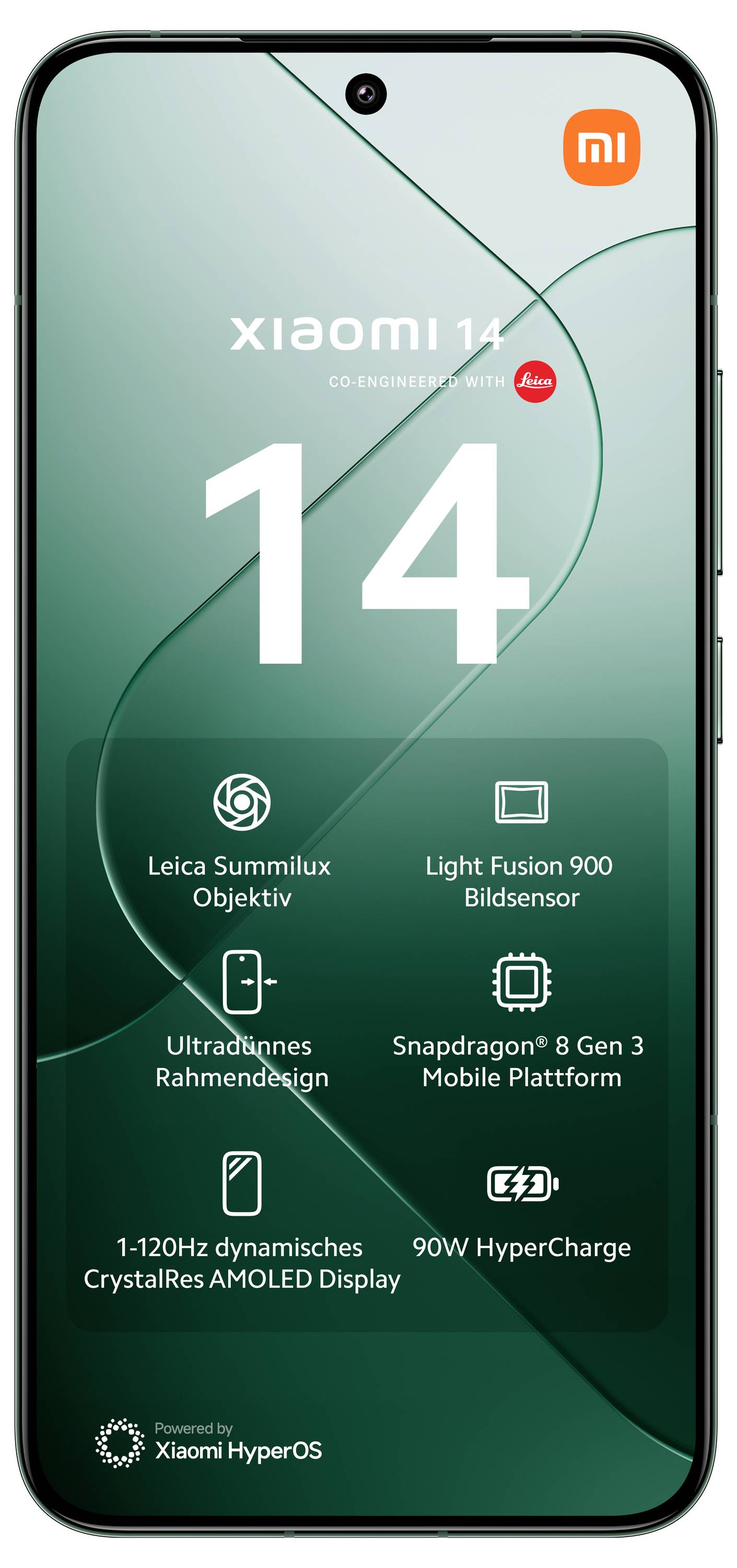 Smartphone mit grünem Hintergrund; Marken- und Modellname 'Xiaomi 14' oben, technische Details und Logos unten: Leica Kamera, Snapdragon Chip, AMOLED Display, 90W HyperCharge.