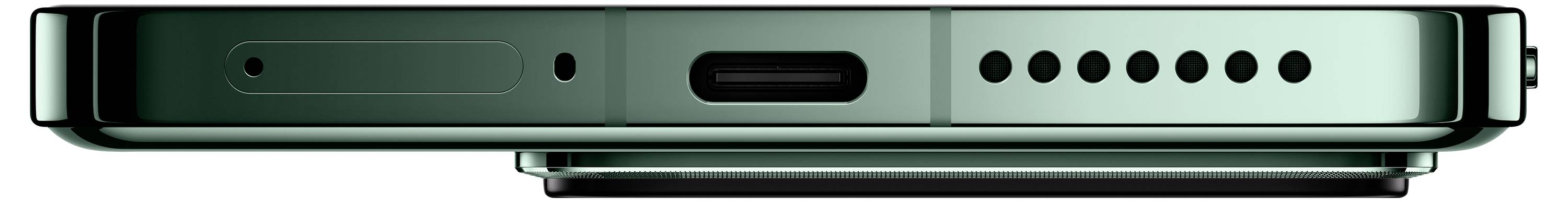 Obere Ansicht eines grünen Smartphones mit Ladeanschluss in der Mitte und Lautsprechergitter rechts.