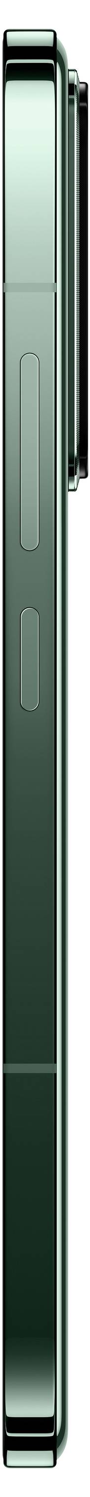 Seitliche Ansicht eines modernen, schlanken, grünen Smartphones mit zwei sichtbaren Tasten auf der linken Seite.