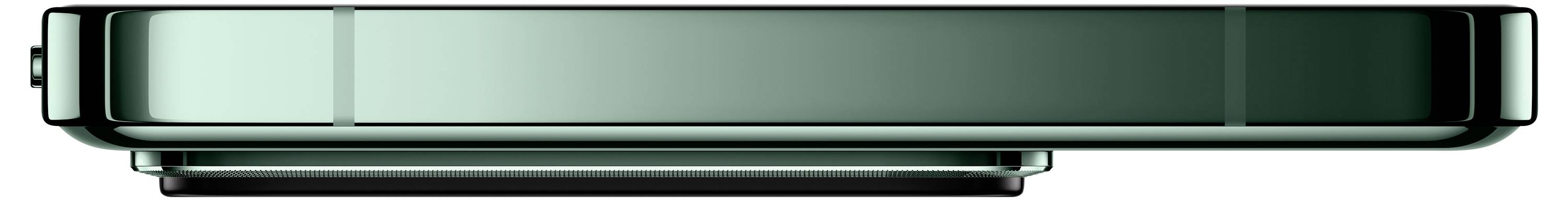 Ein geschlossenes Mobiltelefon mit faltbarem Design in dunklem Grün, betrachtet aus der seitlichen Perspektive.