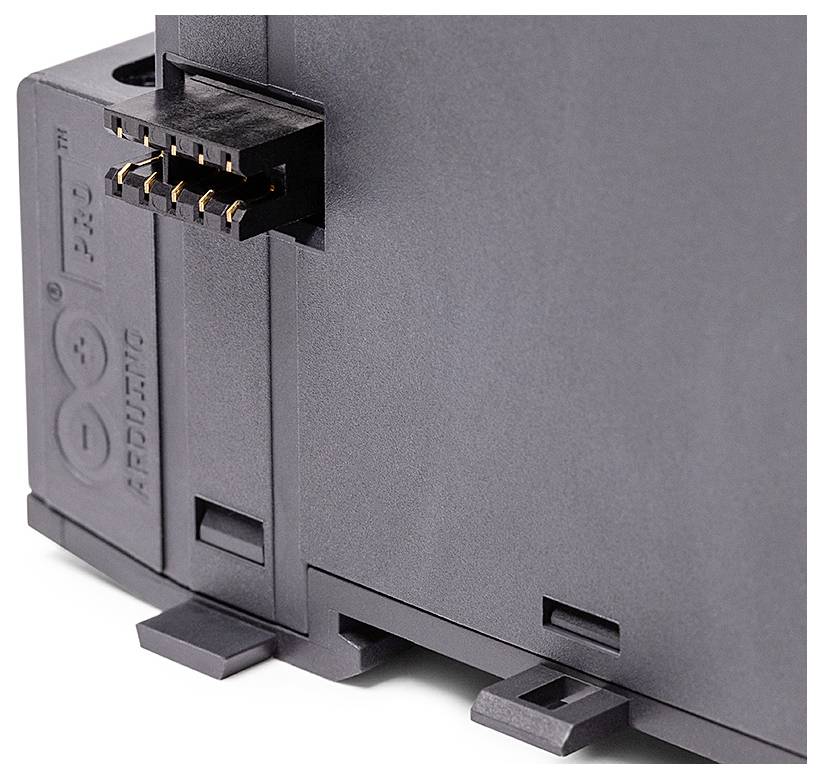 Ein schwarzes elektronisches Gerät mit mehreren Anschlussstiften und dem Schriftzug 'ARDUINO'. Es wird als ein Modul gezeigt.