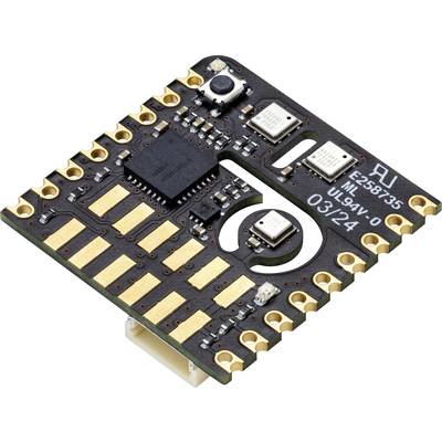Eine Elektronikplatine mit mehreren sichtbaren Komponenten, darunter ein Chip in der Mitte, umgeben von kleinen quadratischen Sensoren.