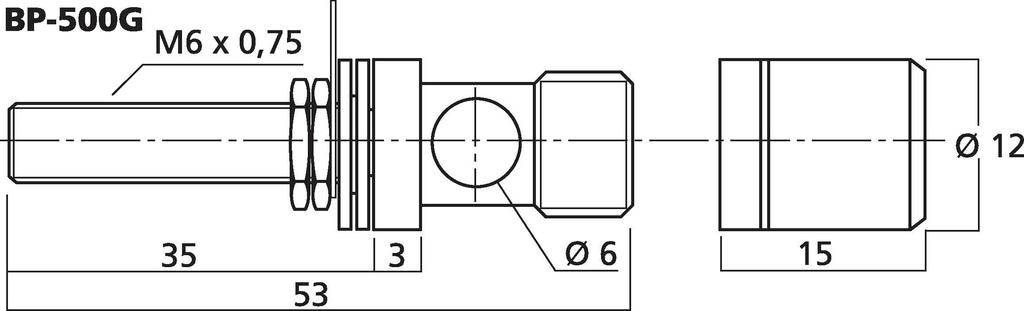 Technische Zeichnung eines Bolzens, Modell 'BP-500G'. Maße und Gewindegröße M6 x 0,75 angegeben. Gesamtmaß: 53 mm, Ø 12 mm.
