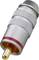 Silberner RCA-Stecker mit rotem Ring, verwendet zum Anschluss von Audio- oder Videogeräten.