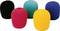 Fünf bunte Mikrofon-Windschutzschäume in den Farben Schwarz, Rot, Blau, Gelb und Türkis in einer Reihe angeordnet.