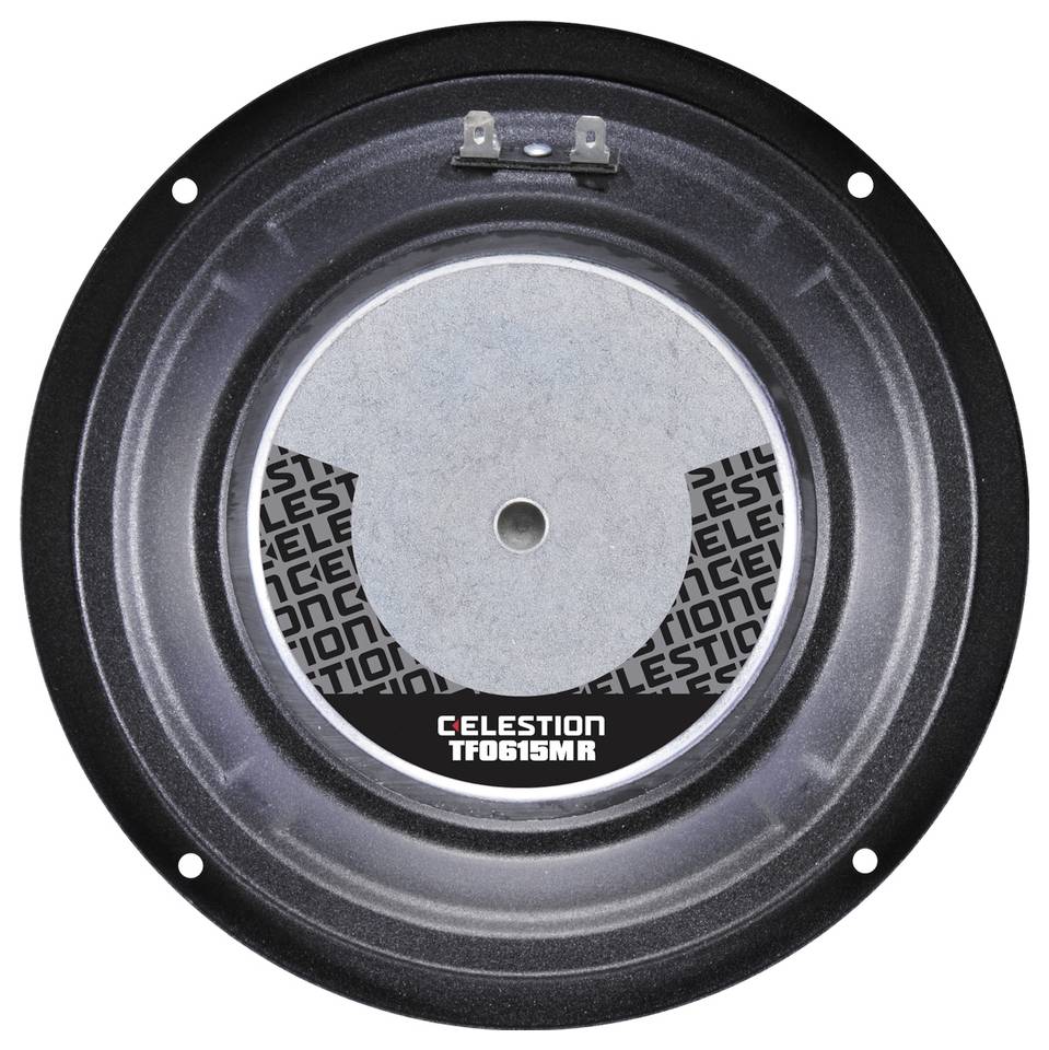 Lautsprechermembran von oben, Marke 'Celestion', Modell 'TF0615MR'. Runde Form mit schwarzem Rahmen und silbernem Zentrum.