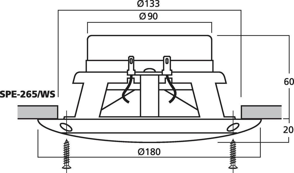 Diagramm einer Lautsprecherinstallation, Modell 'SPE-265/WS', zeigt Abmessungen: Gesamthöhe 60mm, Durchmesser 180mm, Aufbaumaße 90mm.