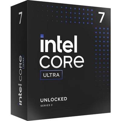 Schwarze Produktverpackung eines Prozessors mit blauem Design. Aufschrift: 'intel Core Ultra, Unlocked, Series 2, 7'.