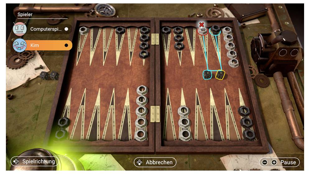 Backgammon-Spielbrett mit weißen und schwarzen Spielsteinen. Ein Computer spielt gegen 'Kim'. Zuglinie zeigt mögliche Bewegungen.
