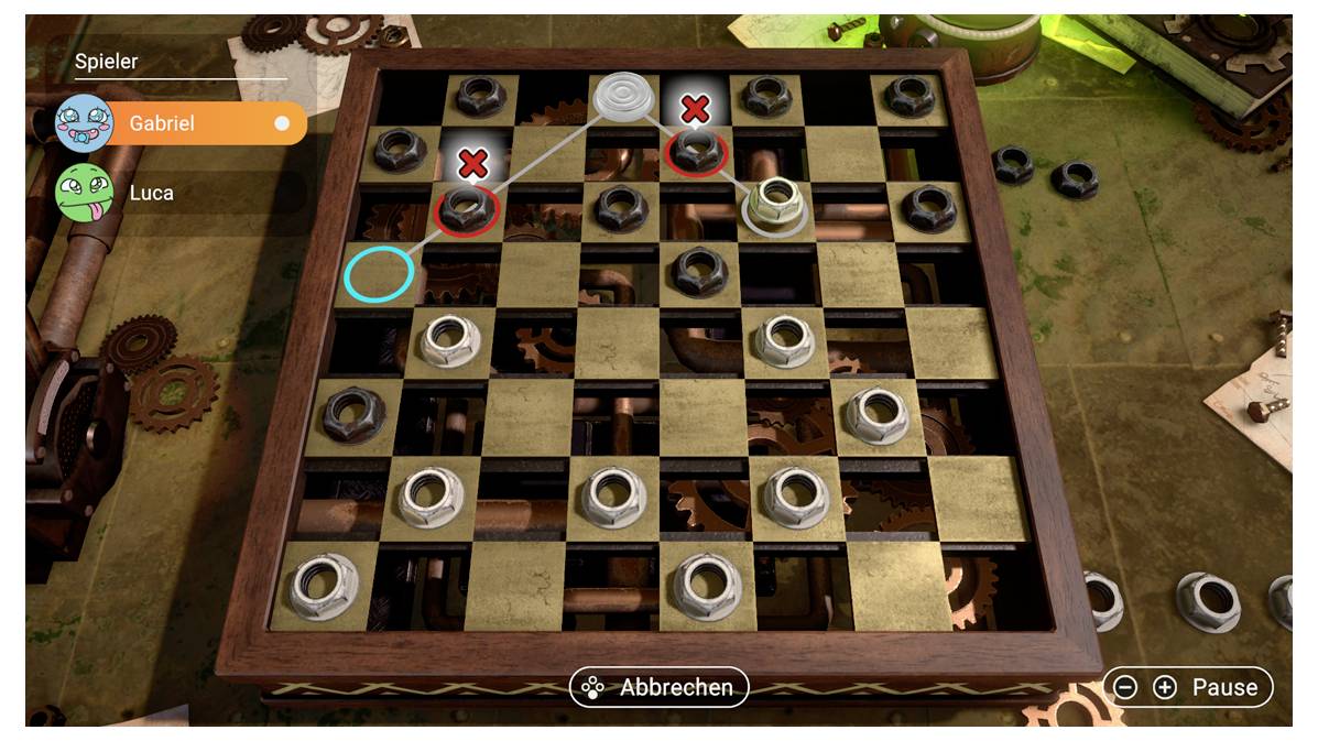 Ein Schachbrett-Spiel mit metallischen Schrauben als Spielsteine. Ein Spielerzug wird angezeigt, wobei eine Schraube diagonal zieht.