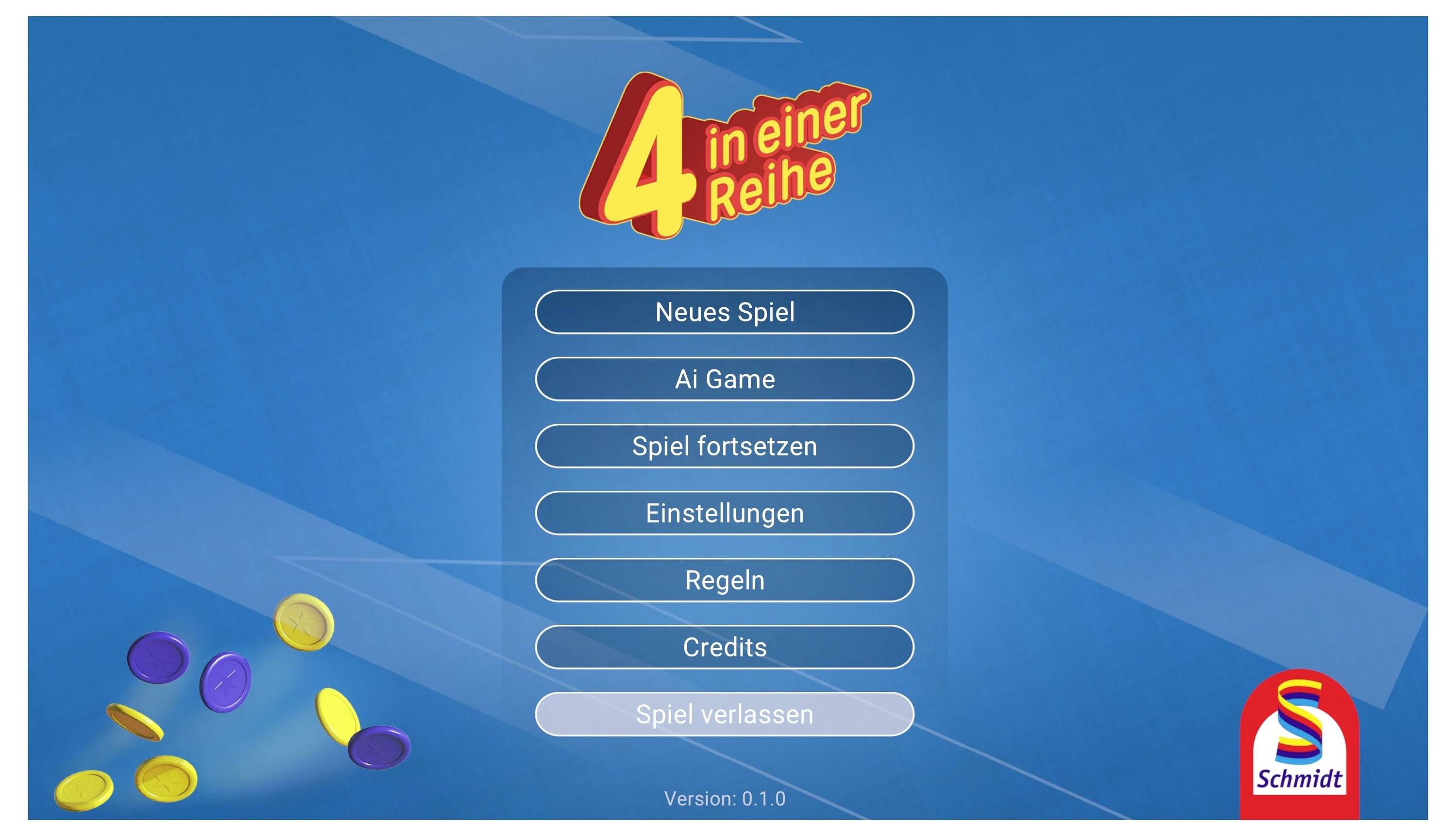 'Hauptmenü des Spiels "4 in einer Reihe" mit Optionen: Neues Spiel, AI-Spiel, Fortsetzen, Einstellungen, Regeln, Credits, Spiel verlassen.'