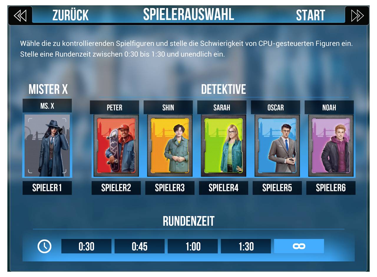 'Spielerauswahl' Menü eines Videospiels. Zeigt sechs Charaktere, darunter Mister X und fünf Detektive. Optionen zur Auswahl der Spielzeit.