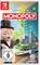 Ein Monopoly-Brettspiel-Cover mit einem Comic-Charakter vor einer Stadtlandschaft. Oben links das Nintendo Switch-Logo, unten das Ubisoft-Logo.