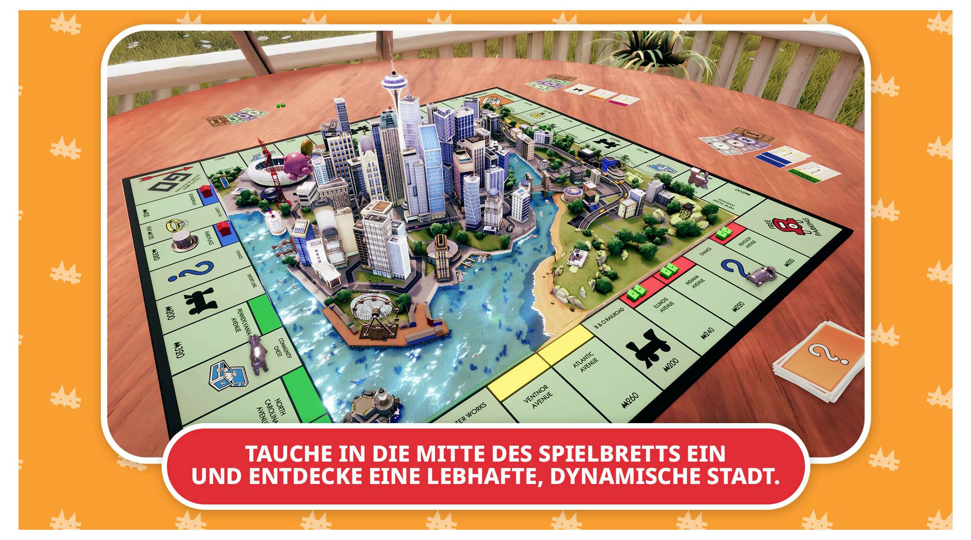 Ein Monopoly-Spielbrett mit einer 3D-Stadt in der Mitte auf einem Tisch. Der Text lädt dazu ein, die lebhafte, dynamische Stadt zu erkunden.