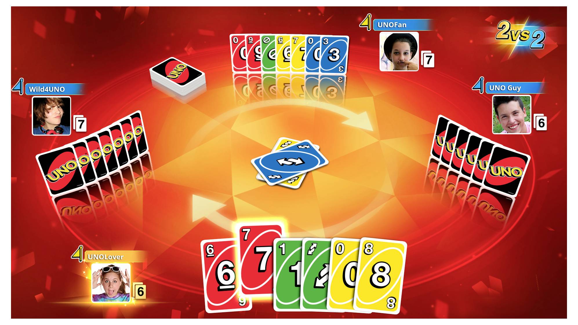 Spielbildschirm eines UNO-Matches im 2-gegen-2-Modus. Spieler 'UNOlover' hat Karten in Rot, Gelb und Grün. Zentrale Karte: blaue Rückwärtskarte.