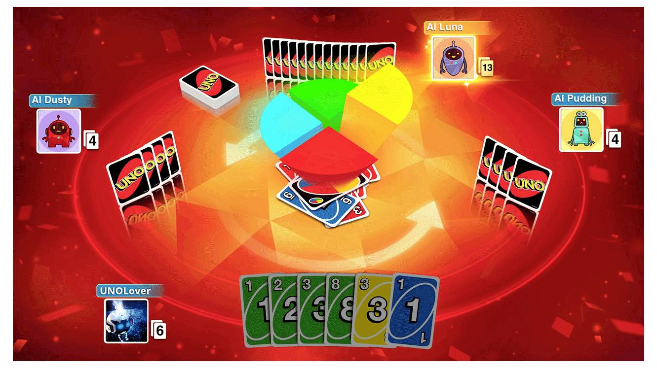 Computerspiel Uno: Vier Spieler mit je unterschiedlichen Kartenstapeln. Aktueller Spieler hat die Karten 1 bis 8 und eine blaue Eins.