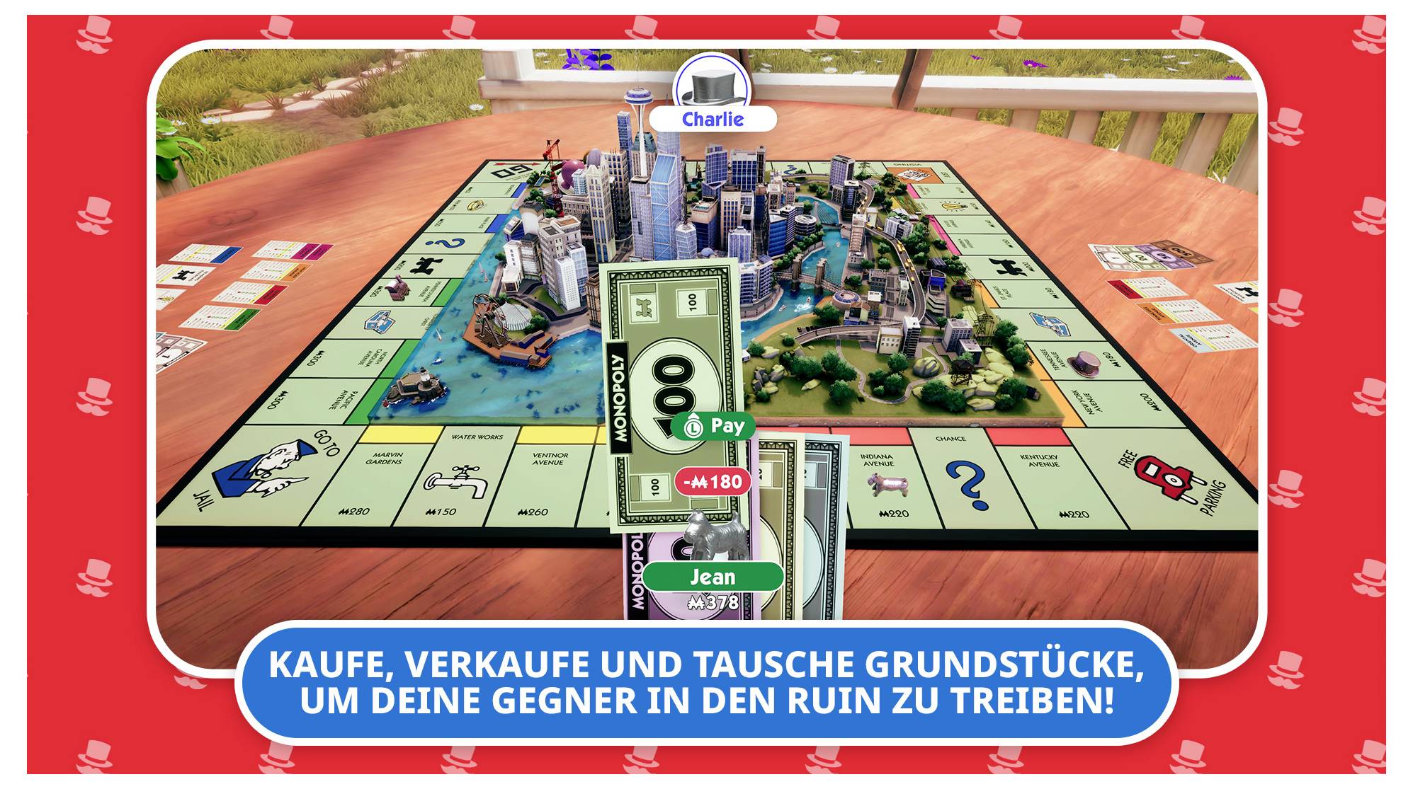 'Monopoly Brettspiel-Szene mit Stadtmodell in der Mitte, Spielername 'Charlie' angezeigt, mit dem Slogan: Kaufen, Verkaufen und Tauschen, um zu gewinnen.'