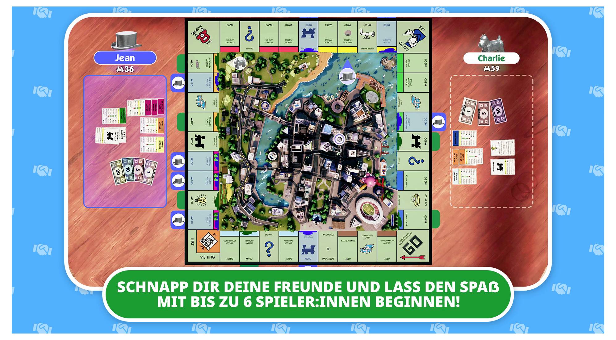 Ein digitales Brettspiel mit Stadtplan-Motiv. Links und rechts sind Spielerinformationen. Der Text lautet: 'Schnapp dir deine Freunde und lass den Spaß mit bis zu 6 Spieler:innen beginnen!'
